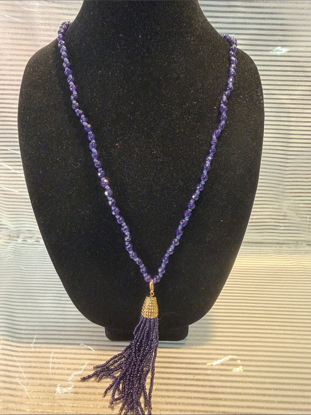 Source Unknown Purple Beaded Tassel Necklace with Gold Accent